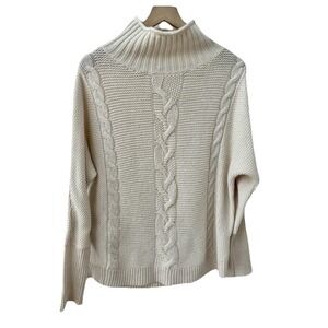 Gap Turtleneck Sweater Small Ivory Frost Wool Blend Cable Knit Fisherman